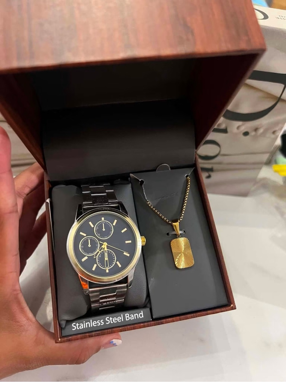 Folio Gold Accent Black Dial Men's Watch with Gold Pendant Necklace
